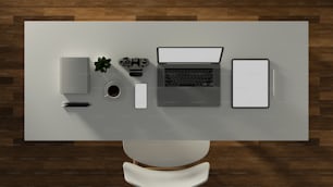Renderizado 3D, espacio de trabajo con ordenador portátil, tableta, smartphone, cámara y papelería, trazado de recorte, ilustración 3D