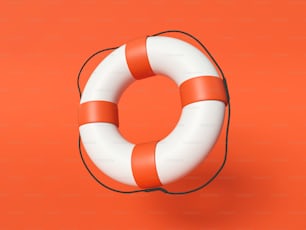 3Dイラストレーション。赤い背景に赤と白の救命浮輪リング。安全のための救命浮輪。
