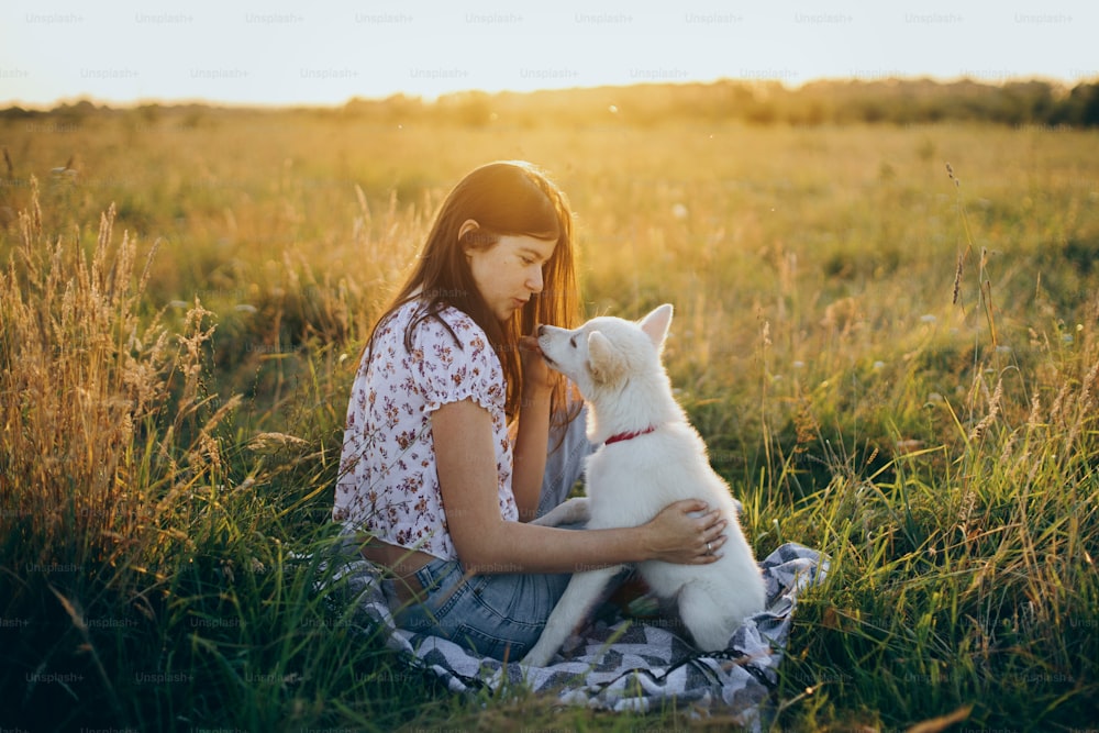 Happy woman training cute white puppy to behave in summer meadow in sunset light. Stylish casual young female relaxing with adorable swiss shepherd fluffy puppy. Vacation with pet