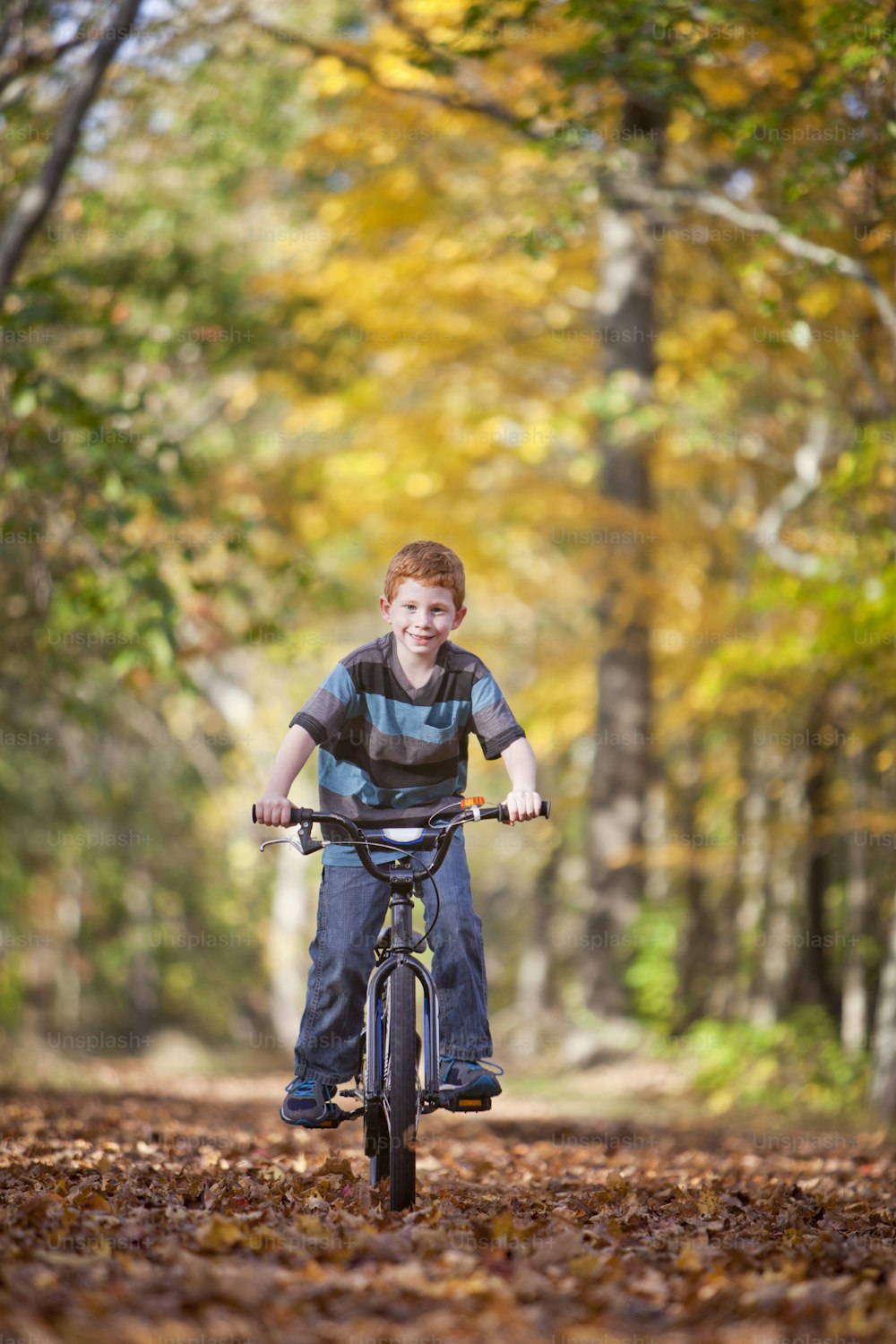 Muchacho joven con bicicleta en el camino durante el otoño
