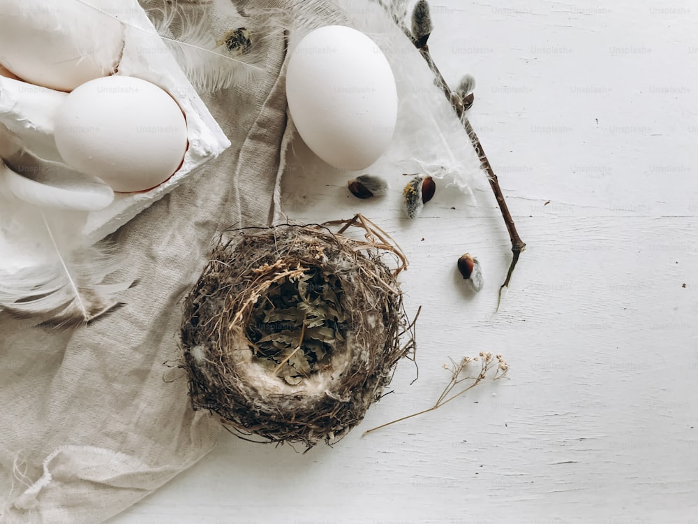 Natural easter eggs, soft feathers, pussy willow branches, nest on rustic cloth on white aged table. Flat lay. Simple stylish rural Easter still life. Modern aesthetics, pastel beige and grey colors