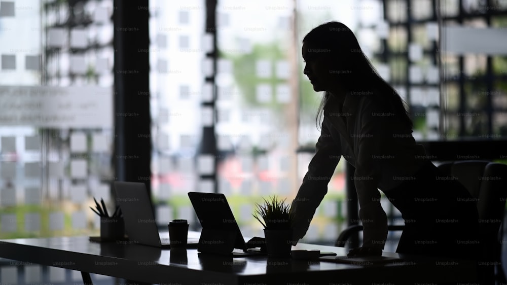 silhouette of businesswoman standing in office a looking away.