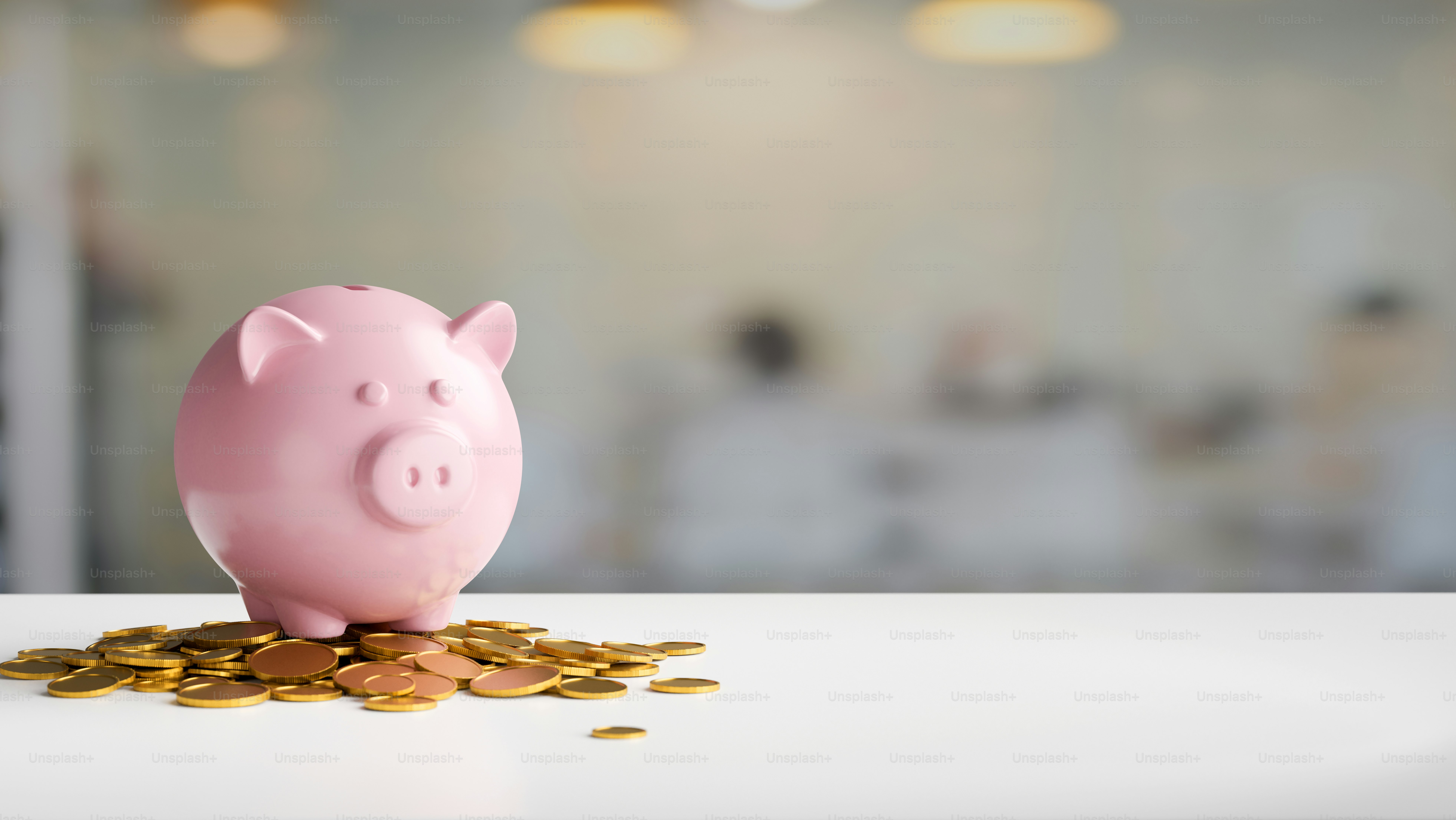 3D rendering, saving money concept, pink piggy bank and coins on white desk with copy space in blurred background, 3D illustration