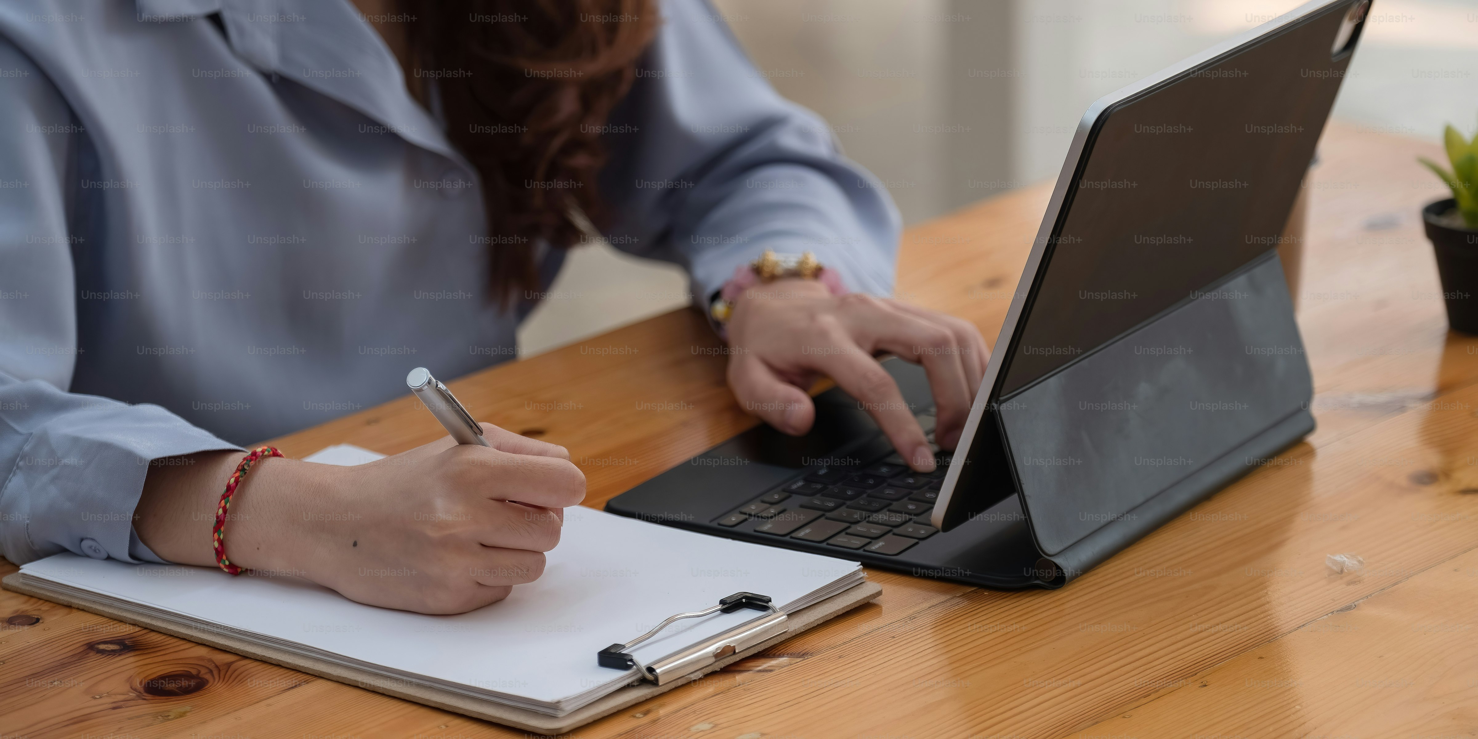 Close up woman having educational course online, using digital tablet ...