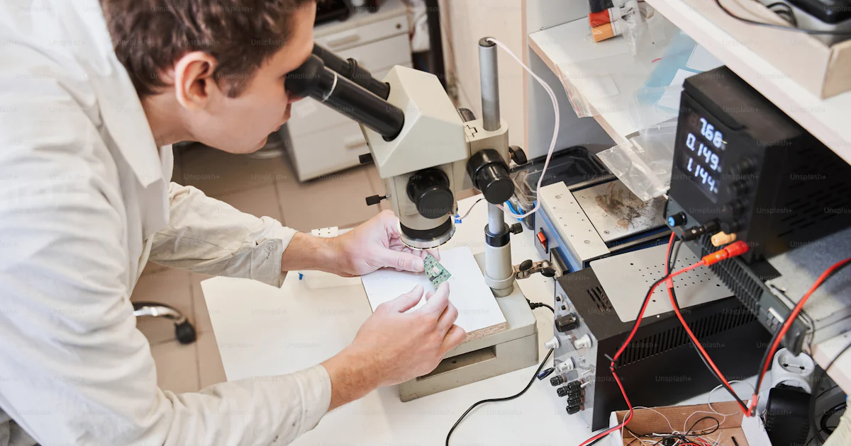 Engineer scientists looking at the microscope at the schema while ...