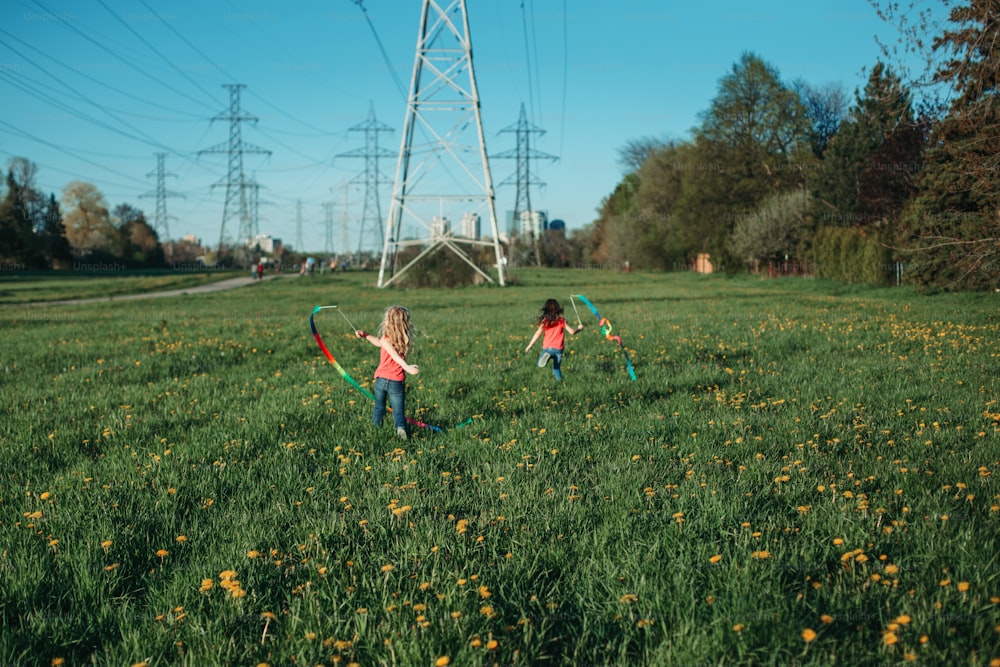 公園でリボンで遊ぶ幸せな子供たちの女の子。一緒に遊んでいる牧草地を走っているかわいい愛らしい子供たち。子供のための屋外の夏の裏庭の活動。幸せな子供時代、率直な本物のライフスタイル。