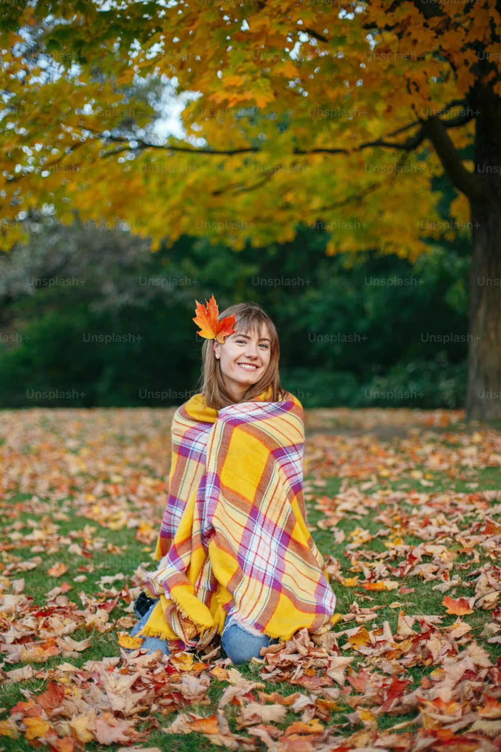 髪にカエデの葉と秋の公園で地面に座っている美しい白人女性。ウールの暖かい毛布に包まれた女の子。居心地の良い秋の季節感のコンセプト。
