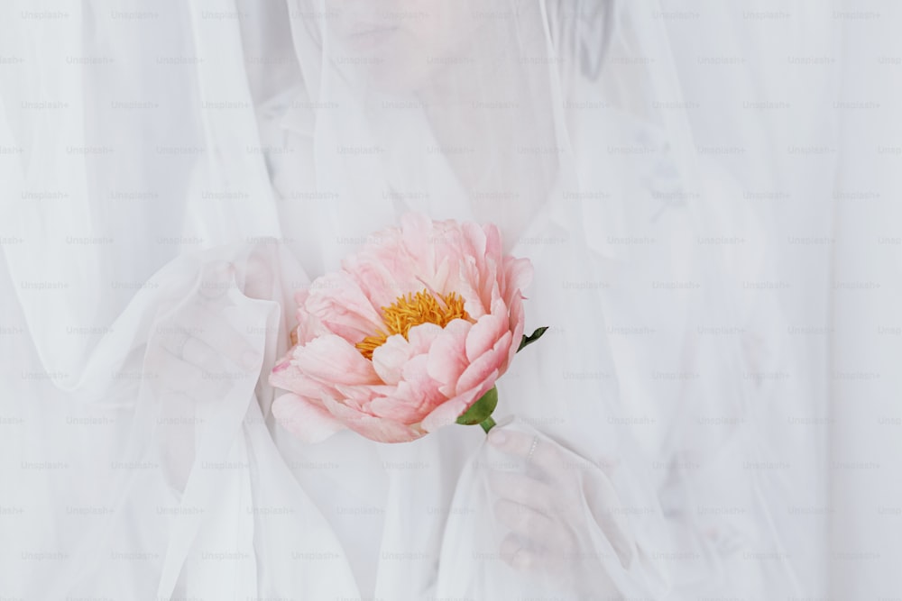 Beautiful stylish woman behind soft white fabric holding peony in hands. Young female gently holding big pink  peony flower. Sensual soft image. Spring aesthetics. Womens day