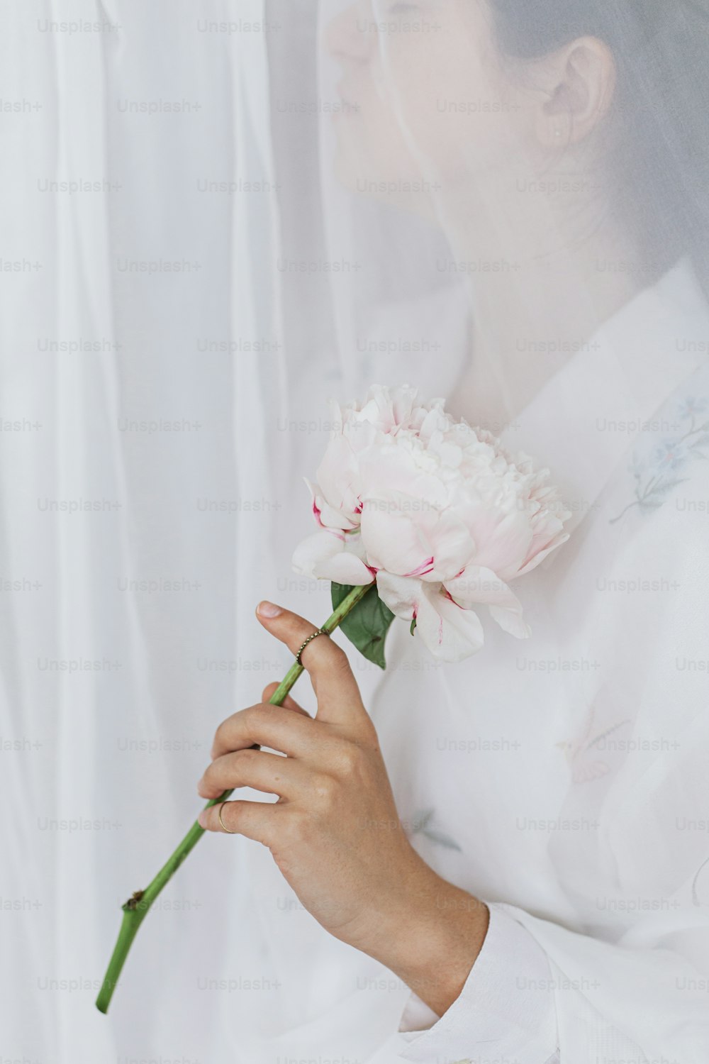 Hermosa mujer con estilo detrás de una suave tela blanca que sostiene peonía en las manos. Hembra joven que sostiene suavemente una gran flor de peonía rosa. Imagen sensual y suave. Estética primaveral. Día de la Mujer