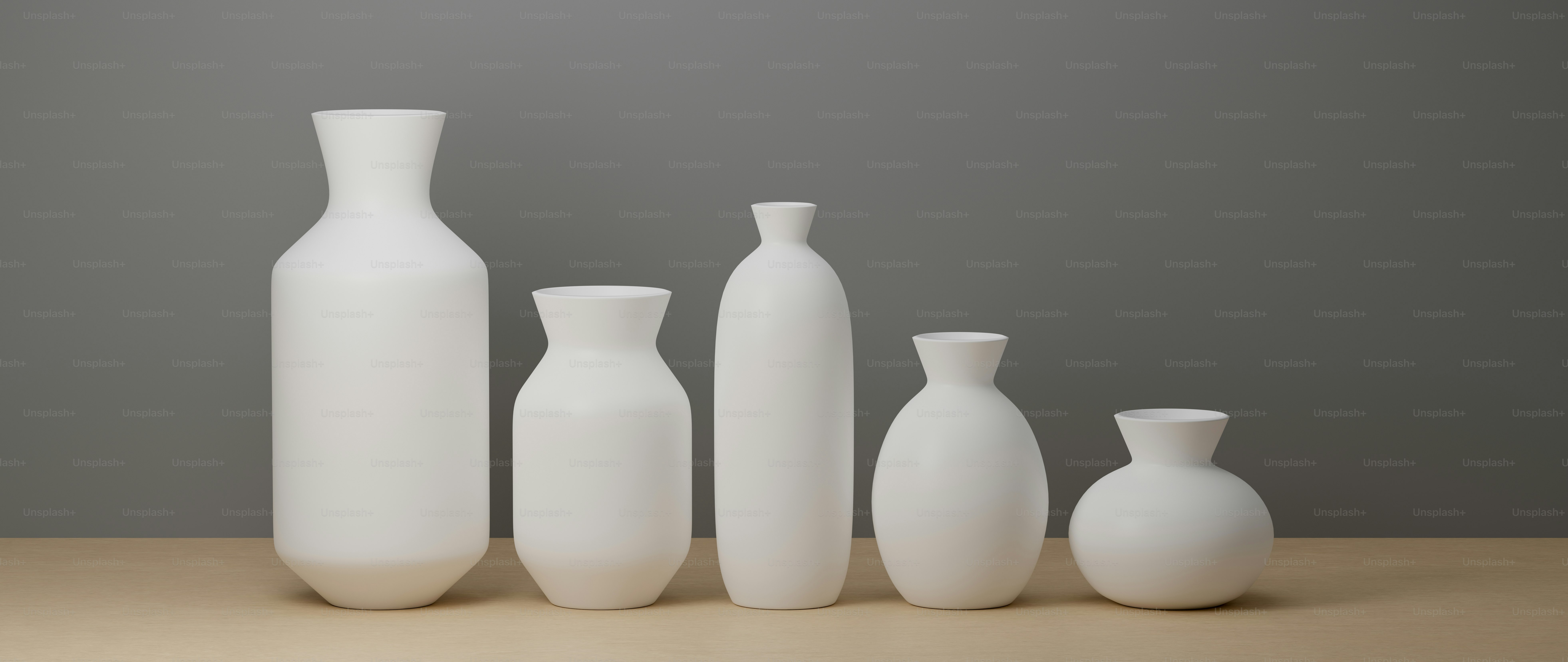 3D rendering, white minimal ceramics vases and pot on white background and wooden floor with copy space, 3D illustration, home decoration