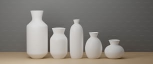 Renderizado 3D, jarrones y macetas de cerámica minimalista blanca sobre fondo blanco y suelo de madera con espacio de copia, ilustración 3D, decoración del hogar
