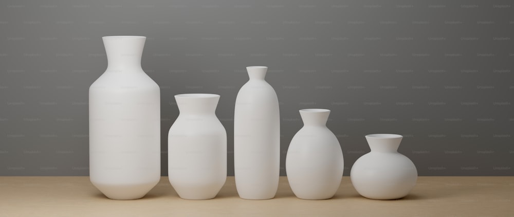 3Dレンダリング、白い背景に白いミニマルセラミックスの花瓶と鍋、コピースペースのある木製の床、3Dイラスト、家の装飾