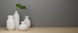 Renderizado 3D, jarrones y macetas de cerámica minimalista blanca sobre fondo blanco y suelo de madera con espacio de copia, ilustración 3D, decoración del hogar