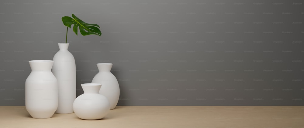 Rendu 3D, vases et pot en céramique minimaliste blanche sur fond blanc et plancher en bois avec espace de copie, illustration 3D, décoration de la maison