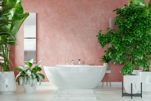 Diseño interior de baño moderno en pared de color rojo oscuro, renderizado 3d