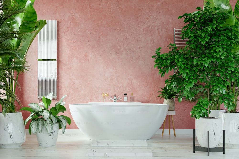 Design interior moderno do banheiro na parede da cor vermelha escura, renderização 3d