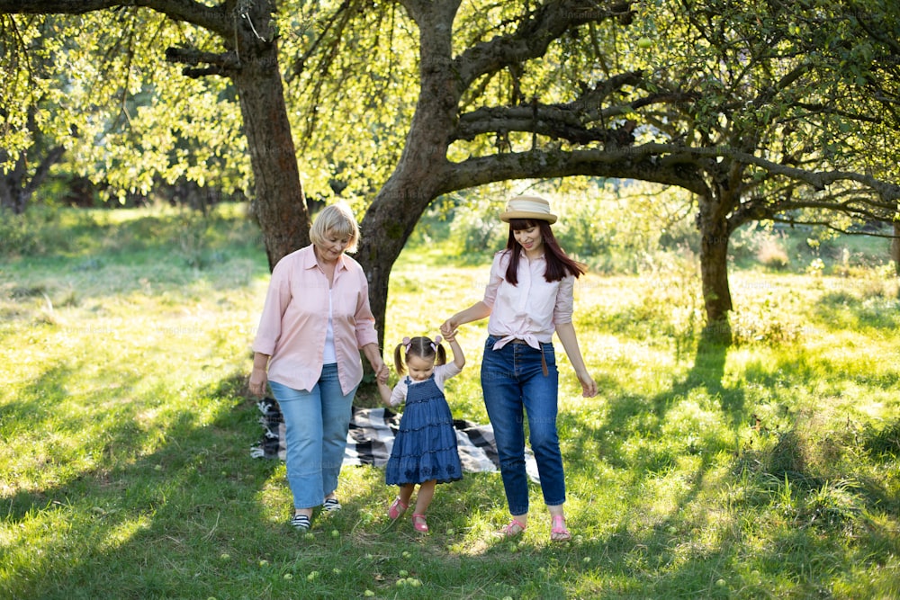 Familia de tres generaciones, señora mayor placentera, madre joven y niña linda de tres años, caminando afuera en el parque verde natural, tomados de la mano y sonriendo.