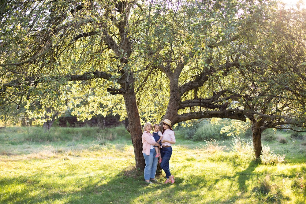 Family of three generation women, spending time together in green summer garden, posing under the big tree.