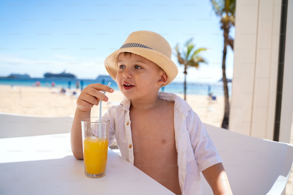 Summer Holidays. Little happy Boy having fun at the beach. Travel and Vacation concept.