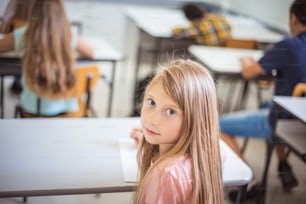 Portrait of schoolgirl. Teenagers students sitting in the classroom. Focus is on foreground.