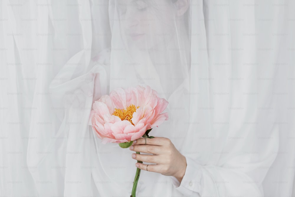 Sinnlich schöne Frau hinter weichem weißen Stoff mit rosa Pfingstrose in den Händen. Junge stilvolle Frau, die sanft große rosa Pfingstrosenblume hält. Zärtliches Bild. Frühlingsästhetik. Brautvormittag