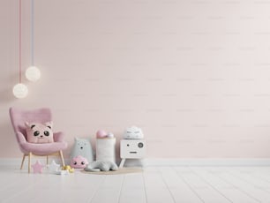 Maqueta de pared en la habitación de los niños en fondo de pared de color rosa claro.3d renderizado
