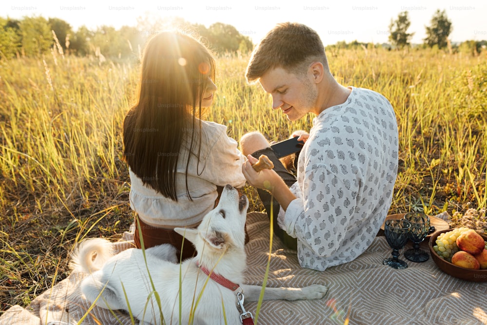 Stylish happy couple relaxing in sunny light with white dog on blanket among grass in summer meadow. Summer vacation and picnic. Young family enjoying sunset with swiss shepherd puppy