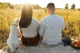 하얀 강아지와 함께 세련된 아름다운 커플은 여름 초원의 잔디 사이에서 따뜻한 햇살이 내리쬐는 빛 속에서 담요 위에서 휴식을 취하고 있다. 여름 방학과 피크닉. 스위스 양치기 강아지와 함께 일몰을 즐기는 젊은 가족