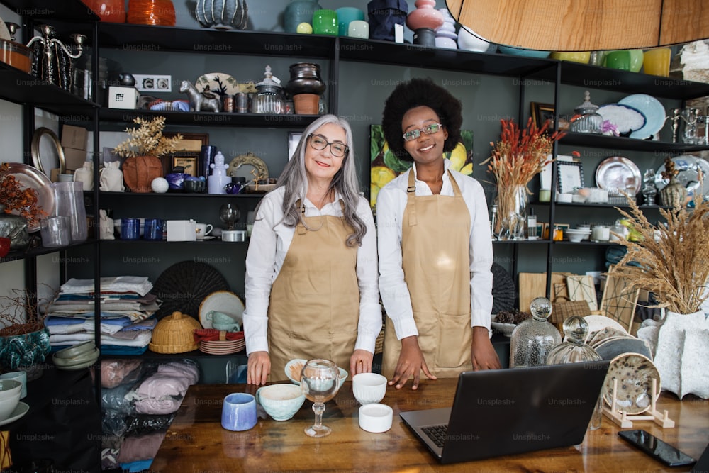 Angenehme multikulturelle Frauen in Brille und Schürze stehen mit ge�öffnetem Laptop am Tresen und lächeln vor der Kamera. Zwei Verkäuferinnen, die zusammen in einem modernen Dekorgeschäft arbeiten.