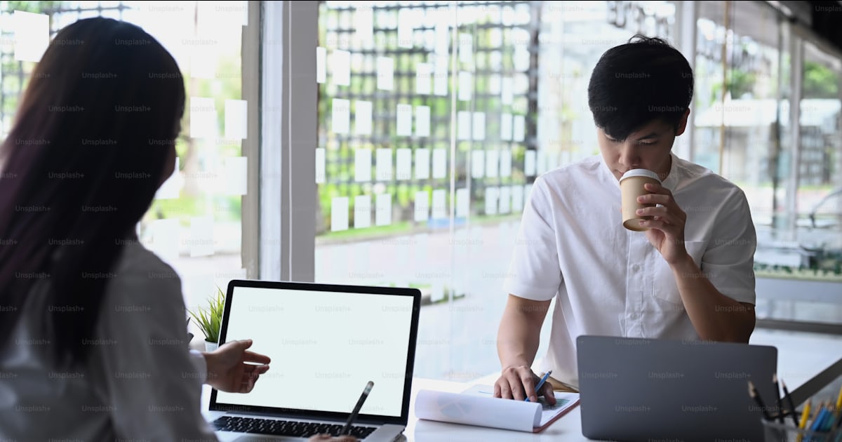 Two business colleagues discussing ideas of project offer in office ...