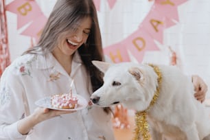 Dog birthday party. Happy young woman celebrating dog first birthday with festive donut with candle on background of pink garland and decorations. Adorable white swiss shepherd dog