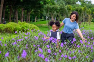 Happy mixed race family in park. Mother with little daughter holding hand and walking together in the garden. Mom and child girl kid enjoy and having fun in summer outdoor activity weekend vacation