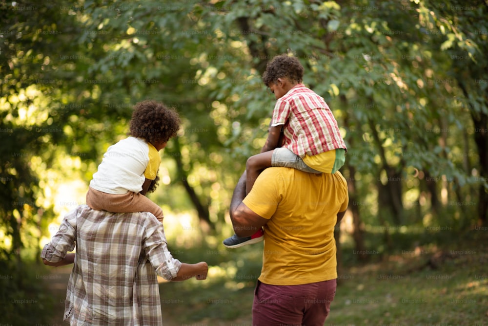アフリカ系アメリカ人の家族がトラフ公園を歩いています。おんぶに子供を乗せた親。