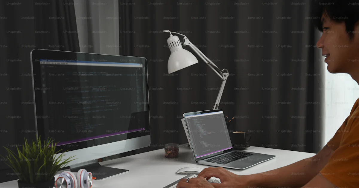 Side view of programmer working in software develop company office ...