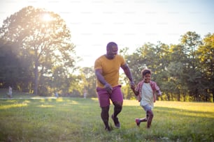 African American father and son in nature.