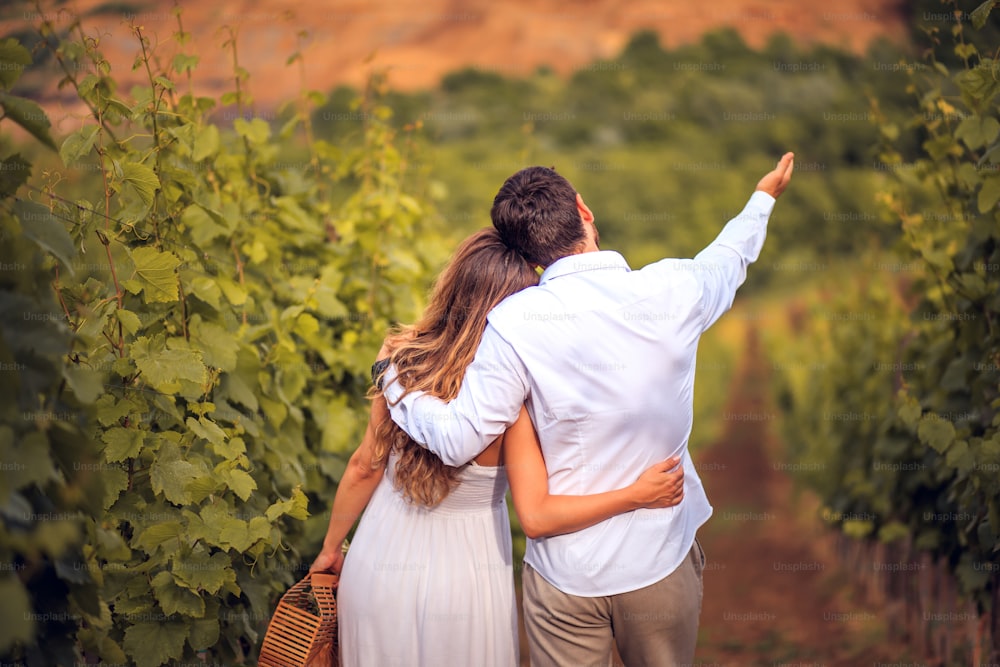 Couple standing and talking in vineyard.