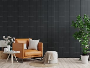Living room interior wall mockup in dark tones with leather armchair on black wooden wall background.3d rendering