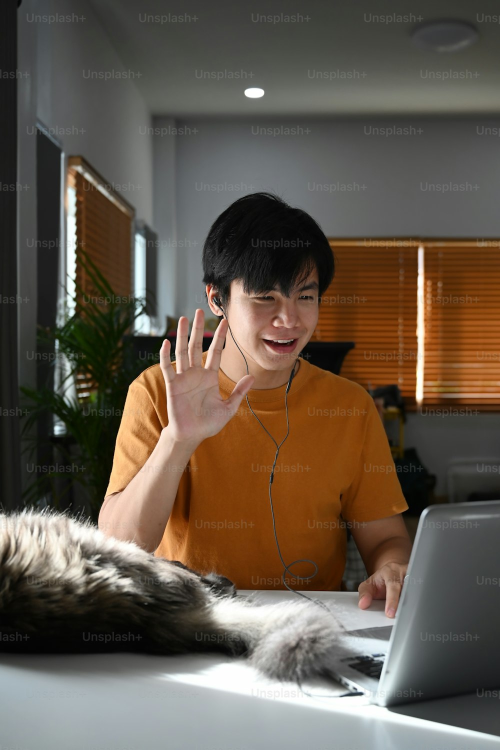 Portrait of young man having video call and greeting his friends on laptop computer.