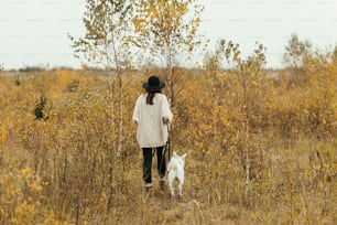 Stylish hipster woman walking with cute white dog on background of autumn trees. Traveling with pet. Beautiful young female in sweater and hat hiking with swiss shepherd puppy. Back view