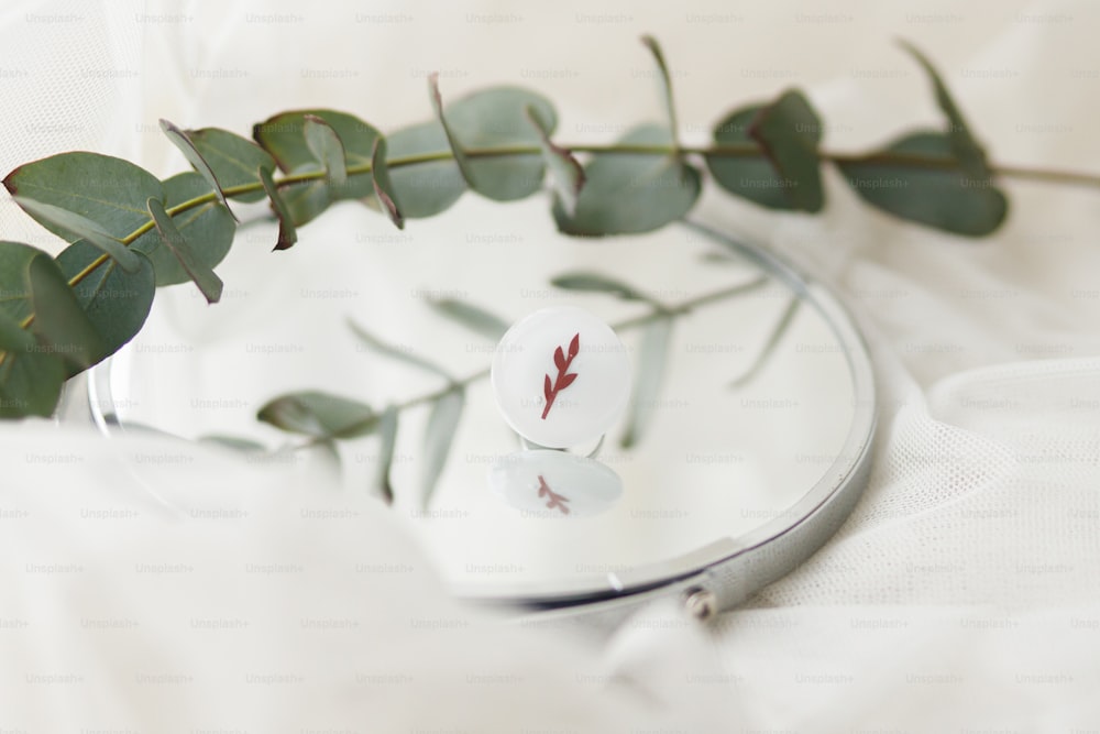 Stylish modern white round ring  and eucalyptus branch on mirror on soft white tulle. Unusual fashionable fused glass ring. Contemporary gift