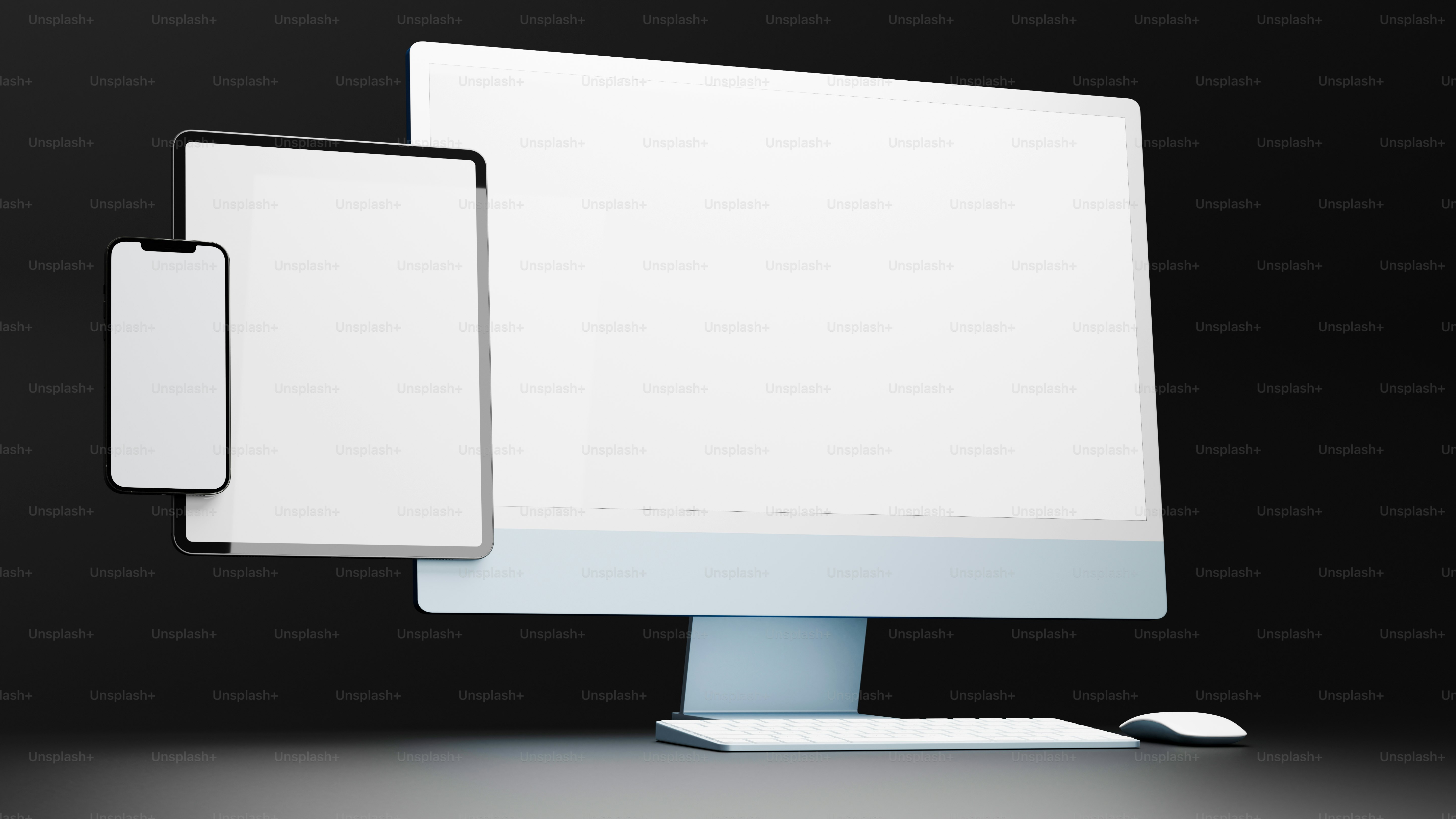 Digital devices with tablet, computer and smartphone with mock-up screen isolated on black background, 3D rendering, 3D illustration