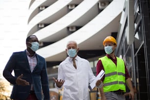 Business man, doctor and engineer walking on street.