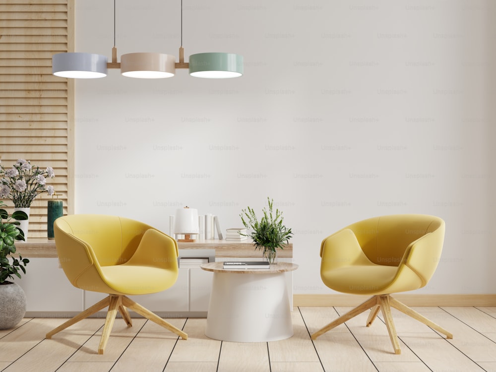 Gabinete y pared en la sala de estar con dos sillones amarillos, maqueta de pared blanca, renderizado 3D