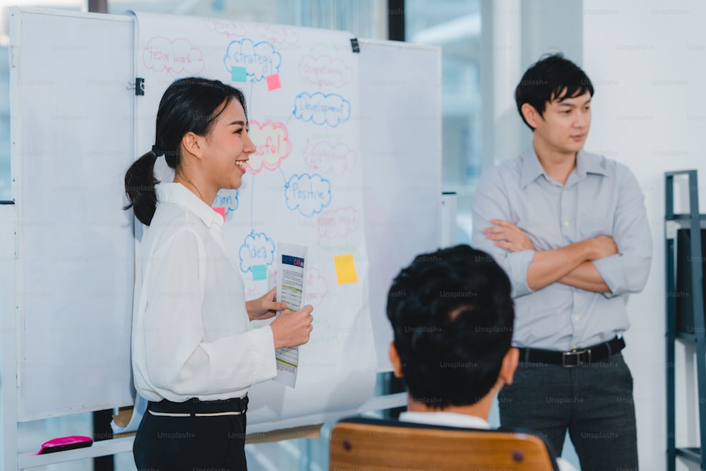Geschäftsleute und Geschäftsfrauen aus Asien treffen sich mit Brainstorming-Ideen Durchführung von Geschäftspräsentationen Projektkollegen, die zusammenarbeiten Plan Erfolgsstrategie genießen Teamarbeit in kleinen modernen Büros.