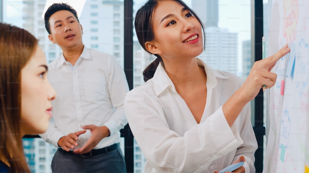 Les hommes et les femmes d’affaires asiatiques se réunissent pour réfléchir à des idées, mener des présentations d’affaires, des collègues de projet, travailler ensemble, planifier la stratégie de réussite, profiter du travail d’équipe dans un petit bureau moderne.