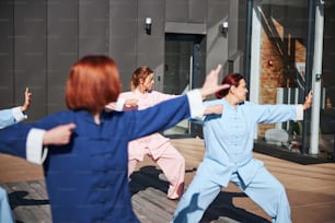 Group of young women practicing traditional Chinese martial arts by making special postures and movements