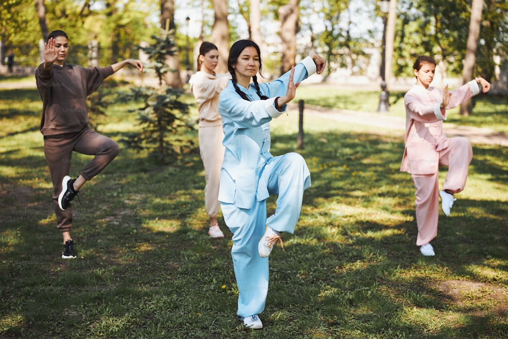 Praticante asiática de Wushu demonstrando postura de guindaste na frente de três mulheres repetindo suas ações no parque
