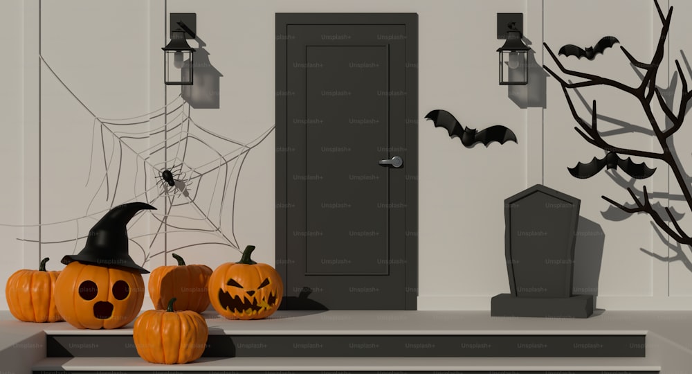 Halloween home decorations with pumpkin lamps and scary items decorated front of the door, 3D rendering, 3D illustration