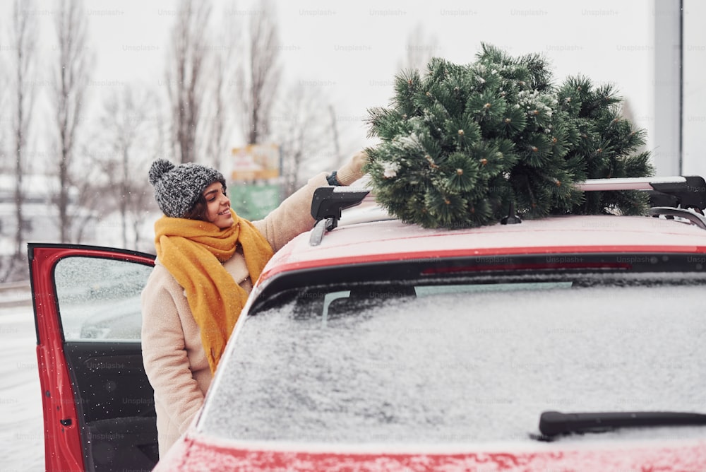 Positive young girl standing near car with green christmas tree on top.