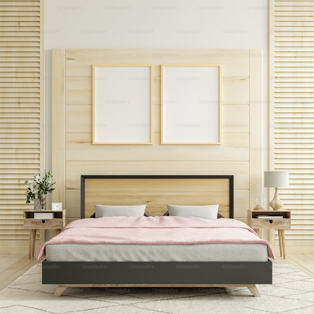 Mockup frame in bedroom interior background,3d rendering
